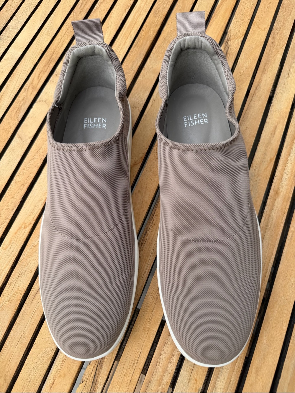 Eileen Fisher knit sneakers in taupe with rubber sole in EUC